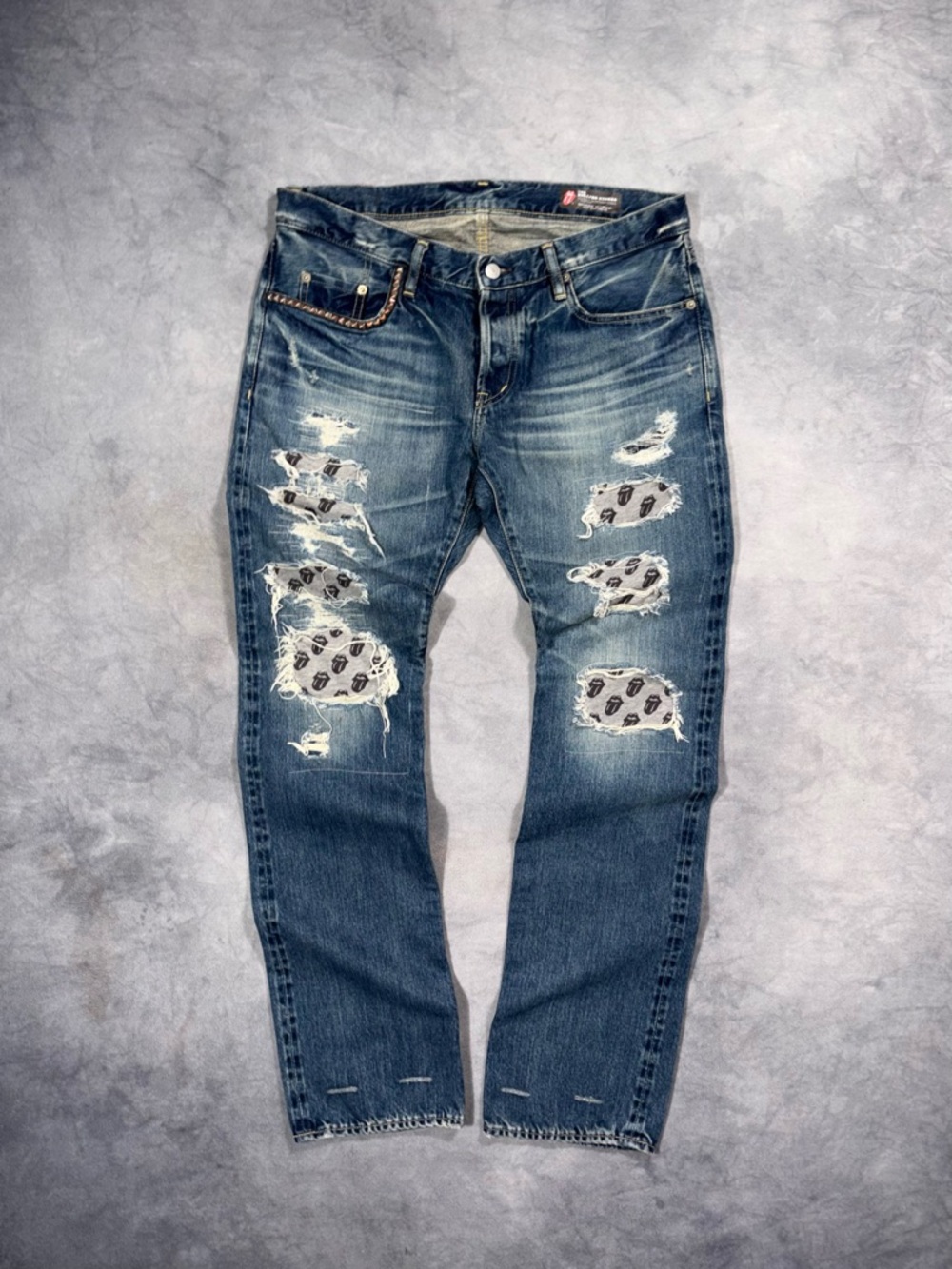 RARE HYSTERIC GLAMOUR X ROLLING STONES Studded Archive Distressed Selvedge Jeans